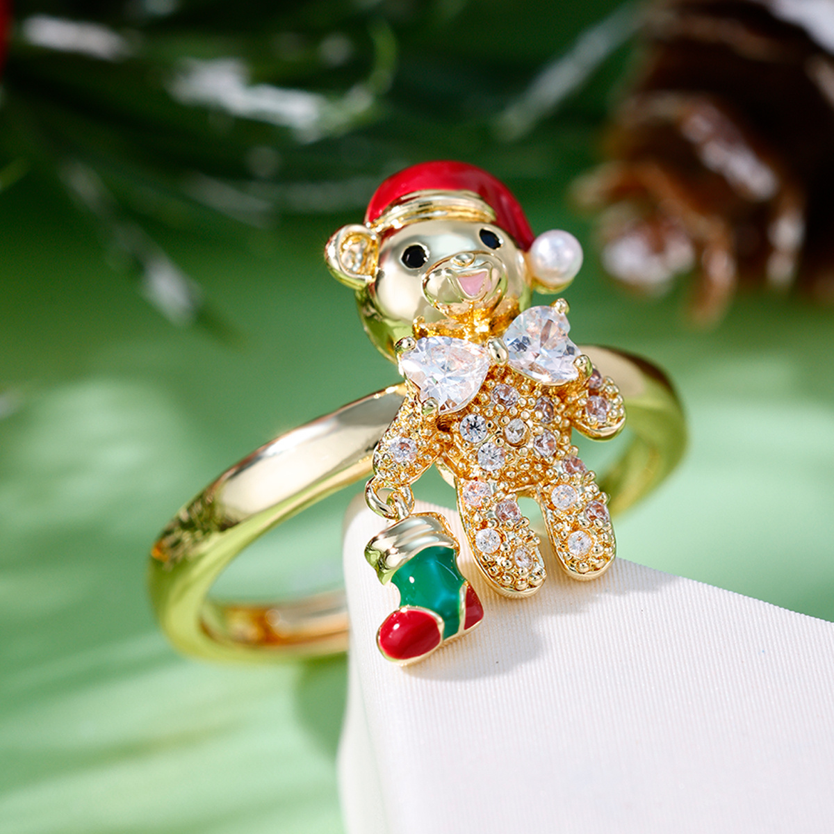 Women's Red Enamel Santa Hat Ring with Zirconia